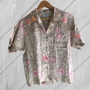 EUC Columbia Camp Shirt Buttons Floral Cotton Large Pink Orange Taupe White
